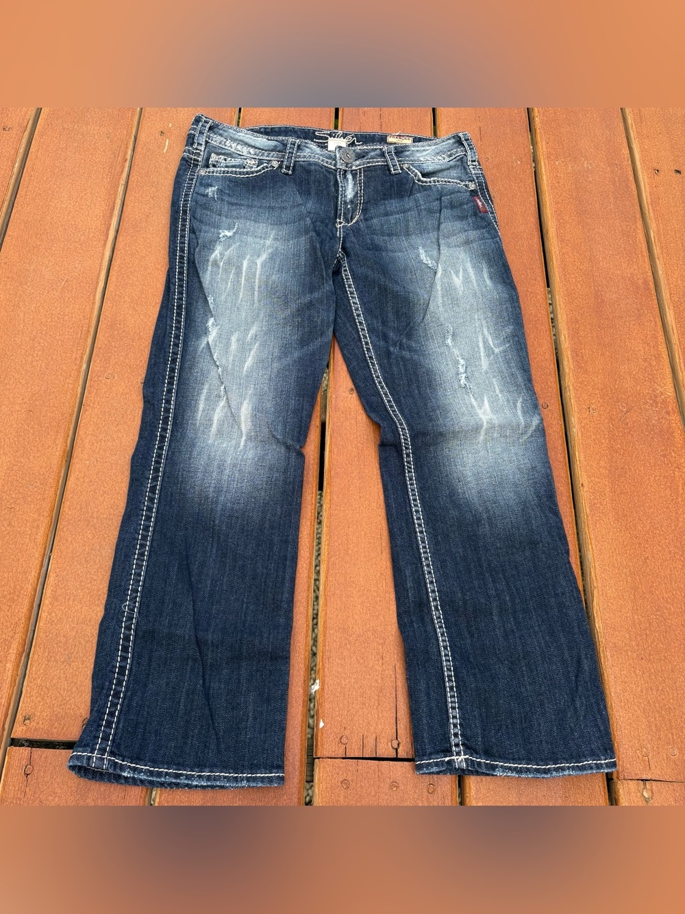 Silver Dark Blue Flare Capri Jeans Y2K Distressed Vintage Streetwear